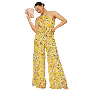 Mac Duggal Womens Halter Neck Wide Leg Jumpsuit Sz 4 Yellow Floral Resort Chic